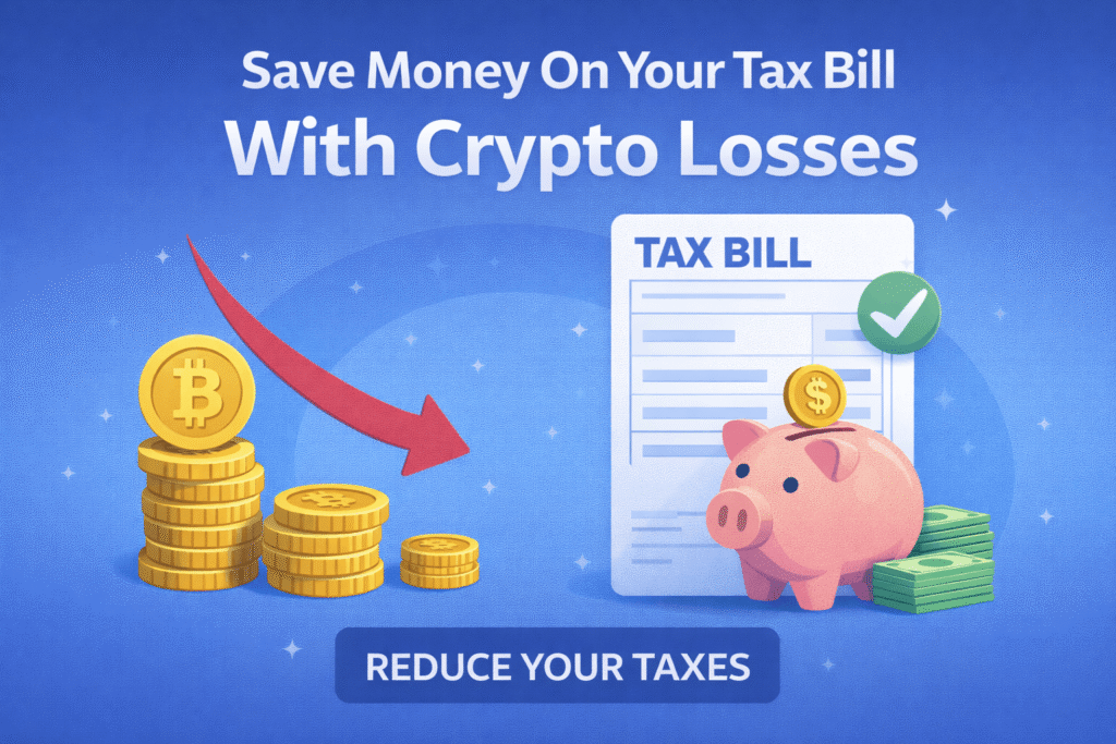 Save money on your tax bill with crypto losses illustration showing bitcoin coins, tax form and piggy bank for tax loss harvesting