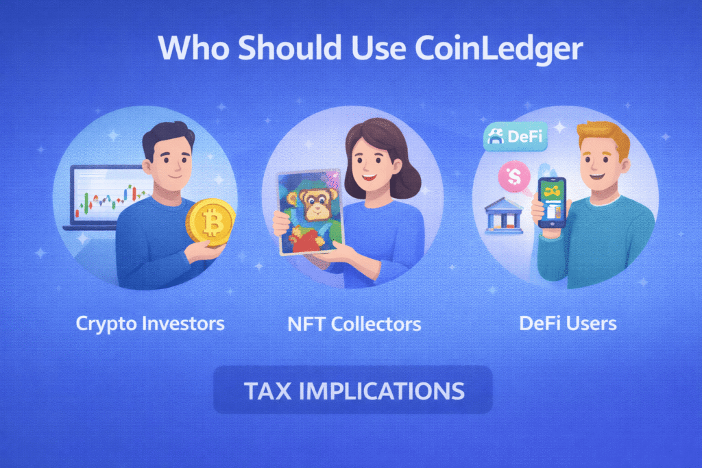 Who should use CoinLedger illustration showing crypto investors NFT collectors and DeFi users using crypto tax software