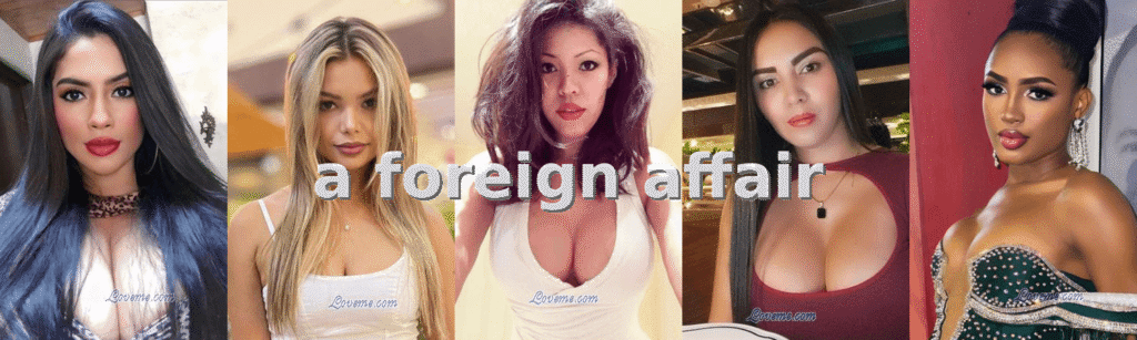 Foreign women portraits collage with centered text “a foreign affair”