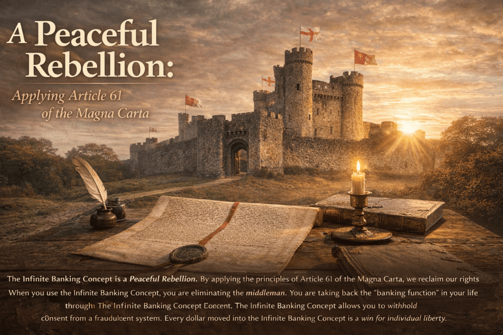 Magna Carta document on a wooden table with medieval castle in the background symbolizing peaceful financial rebellion and the Infinite Banking Concept