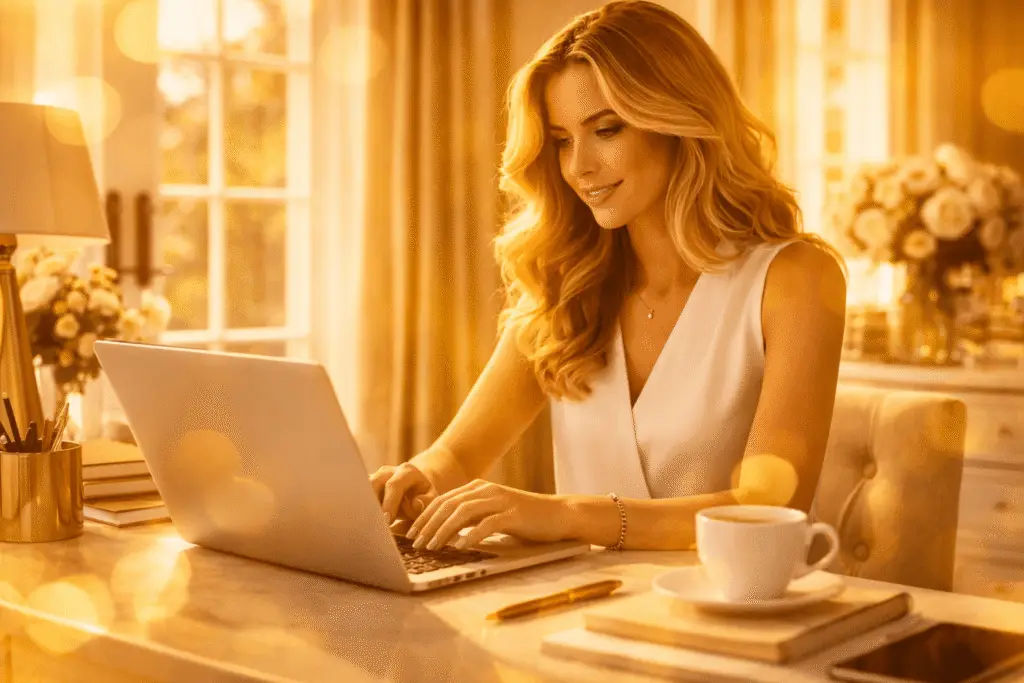 female entrepreneur working on laptop representing financial independence and infinite banking concept