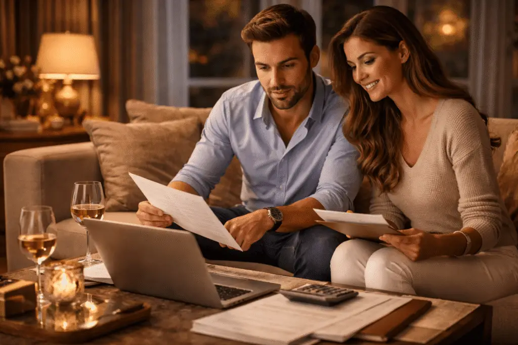 couple reviewing financial documents and laptop representing wealth planning and infinite banking concept for investors