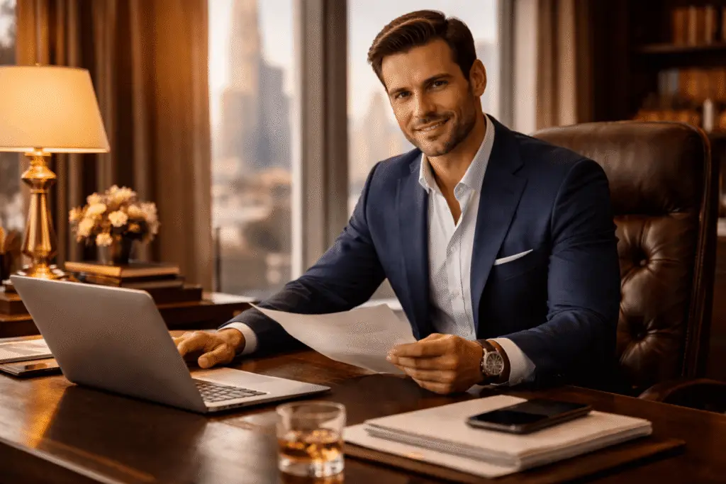 business owner reviewing documents in office representing company growth and infinite banking concept strategy