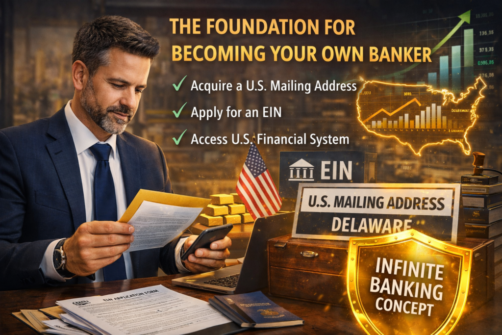 Foundation for becoming your own banker using the Infinite Banking Concept, showing a U.S. mailing address and EIN application as the first steps for non-US residents.