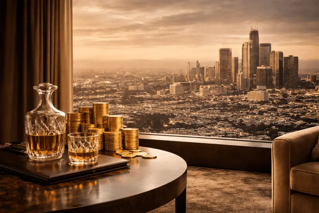 luxury financial office with city skyline and gold coins representing wealth growth and financial strategy
