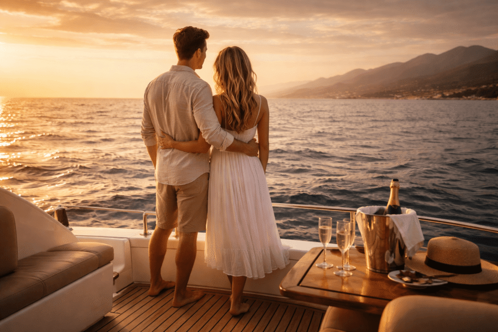 young couple on a luxury yacht at sunset representing financial freedom and infinite banking concept lifestyle