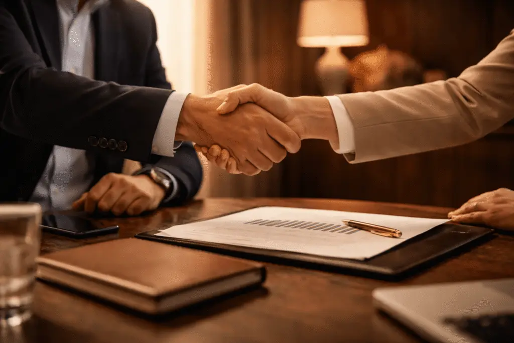 business handshake agreement representing financial strategy planning and infinite banking concept consultation