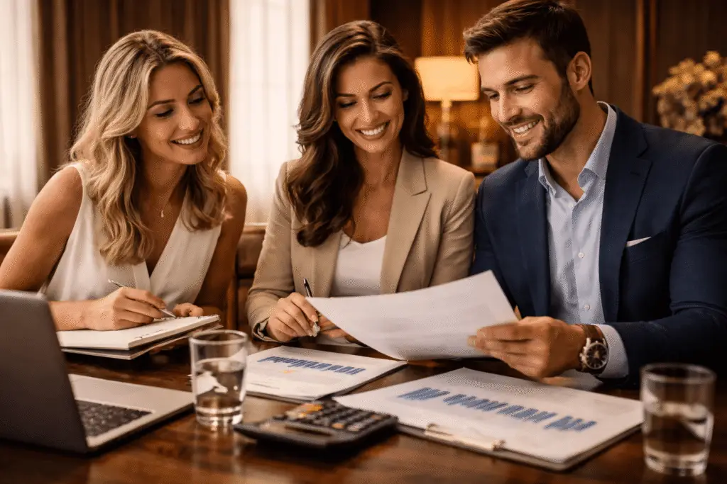 three professionals reviewing financial documents representing strategy planning and infinite banking concept consultation