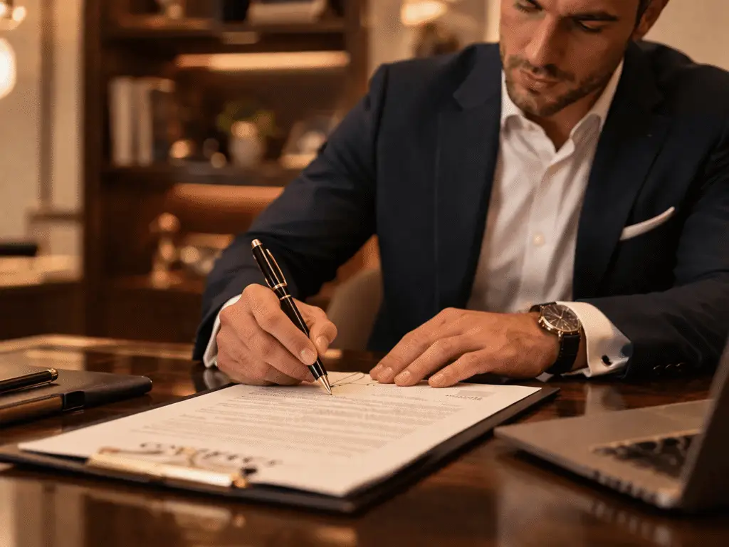 man signing contract representing financial execution and infinite banking concept implementation