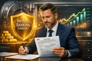 International entrepreneur applying for an EIN using IRS Form SS-4 inside a private bank vault representing the Infinite Banking Concept for non-US residents.