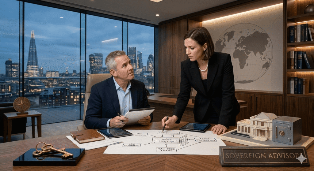 Infinite Banking Concept IBC conceptual discussion in a private family office. A focused male entrepreneur and a sharp female advisor point at an IBC flow diagram on a wooden table, validating wealth velocity, 80/20 strategy, and asset protection. A global financial city skyline (New York, London) visible through the window, emphasizing authority.