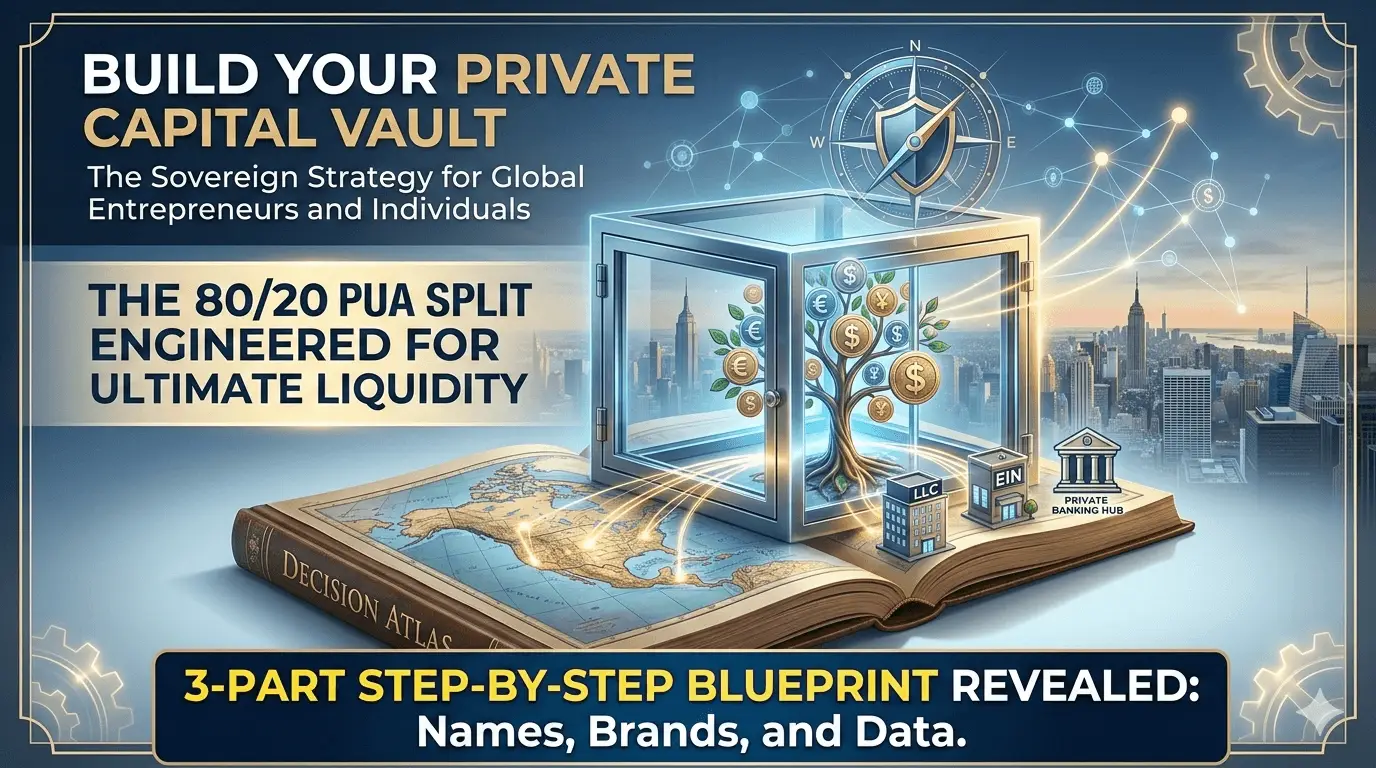 A conceptual financial map titled Decision Atlas showing a private capital vault with a money tree, focusing on 80/20 PUA split and global entrepreneur banking infrastructure.