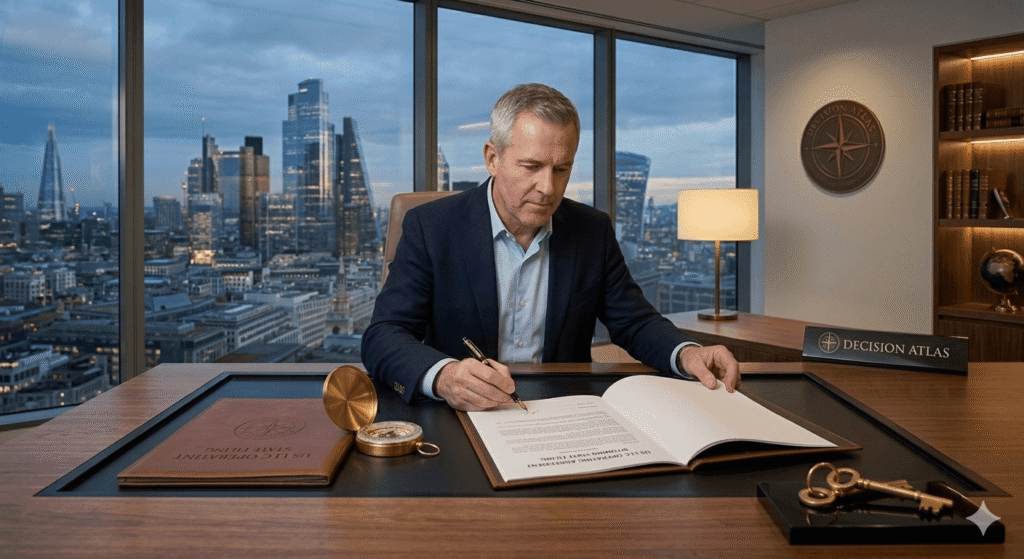 Infinite Banking Concept IBC conceptual discussion in a private family office. A male entrepreneur, identical to the person in image_8.png, and two sharp female advisors point at an IBC flow diagram on a wooden table, validating wealth velocity, 80/20 strategy, and asset protection. A global financial city skyline (New York, London) visible through the window, emphasizing authority. This specific image focuses on signing the "US LLC OPERATING AGREEMENT" and "WYOMING STATE FILING" legal documents with a fountain pen and a brass compass, symbolizing the start of Part 1.