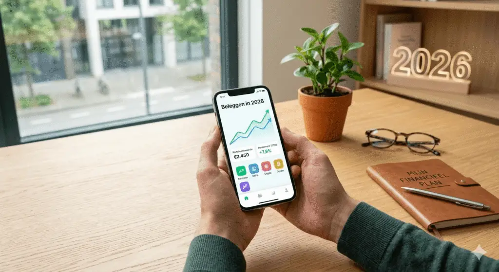 A close-up of a person holding a smartphone displaying a modern investment app with rising green growth charts and a portfolio dashboard on a wooden desk.