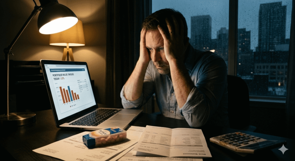 A stressed traditional investor sitting at a desk with overdue bills and a declining stock portfolio, showing the high risk and lack of liquidity when ignoring the Infinite Banking Concept.