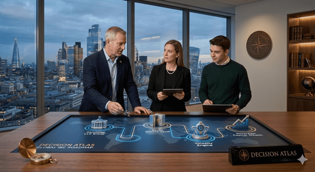 Infinite Banking Concept IBC collaborative discussion in a private family office. A male entrepreneur and two sharp female advisors point at an IBC flow diagram on a wooden table, validating wealth velocity, 80/20 strategy, and asset protection. A global financial city skyline (New York, London) visible through the window, emphasizing authority.