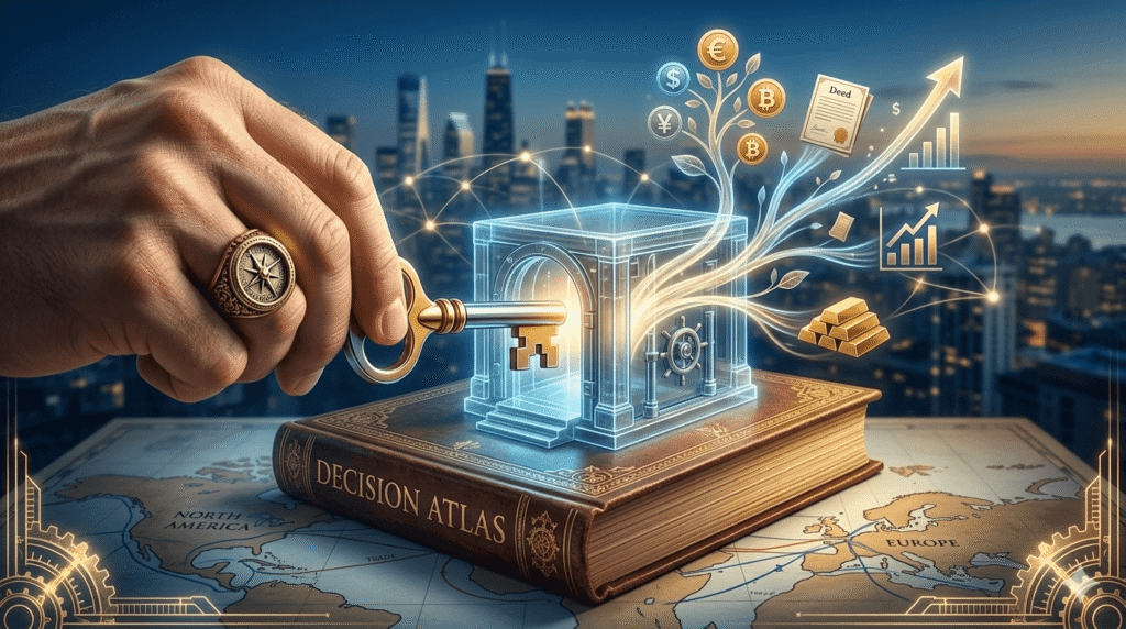 Infinite Banking Concept IBC conceptual image showing a hand holding a key that unlocks a glowing private wealth vault and a money tree emerging from a Decision Atlas book, symbolizing velocity of money and the 80/20 strategy.