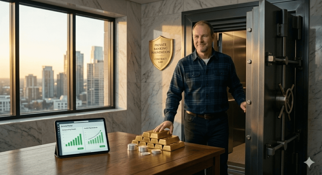 A confident sovereign investor named Joe, having implemented the Infinite Banking Concept, stands securely in his private vault surrounded by gold bars, silver coins, and upward-trending green financial charts, symbolizing the peace and prosperity of the Infinite Banking Concept.