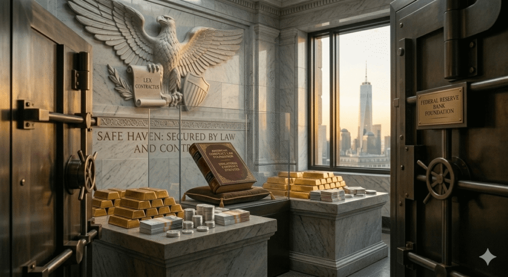 A massive institutional vault in New York City displaying a leather-bound book of American Contract Law under a stone eagle with the inscription Lex Contractus, symbolizing why the Infinite Banking Concept is legally protected in the U.S.