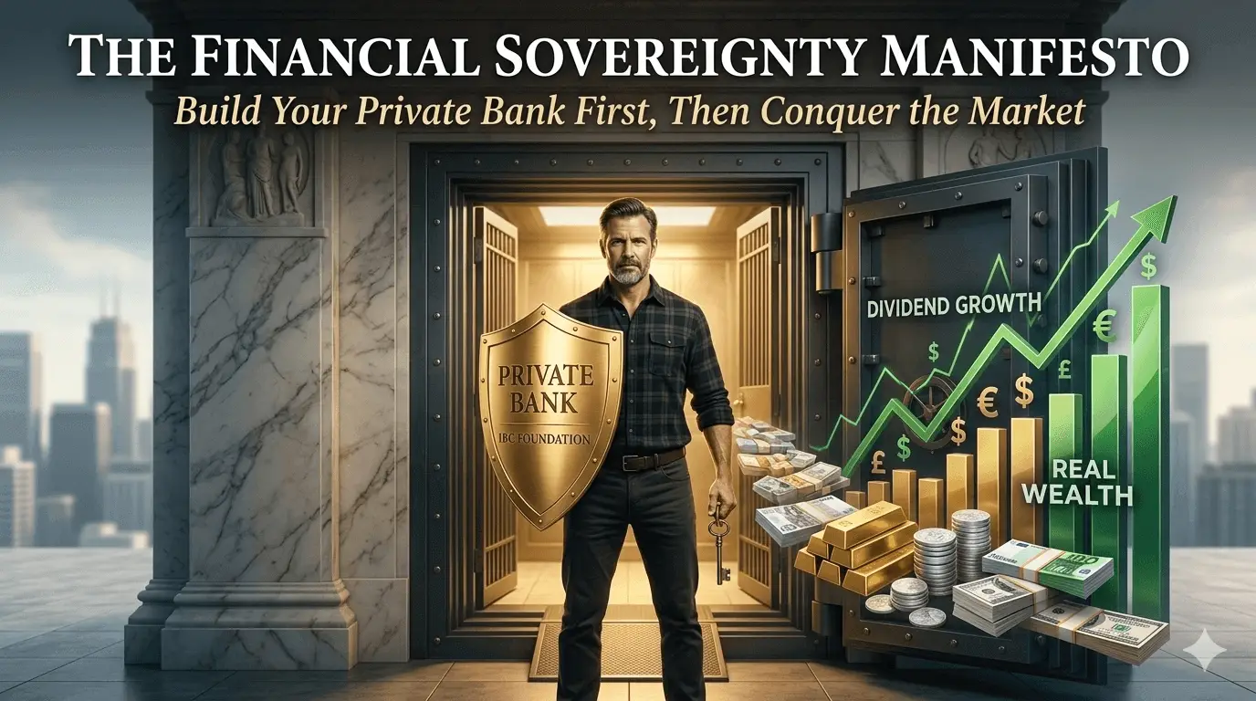 A professional man standing in a secure private vault holding a golden shield labeled Private Bank IBC Foundation, with a rising financial dividend growth chart and gold bars in the background, representing the Infinite Banking Concept