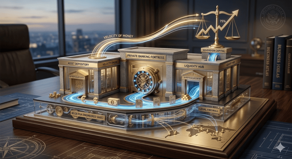Infinite Banking Concept IBC conceptual image showing a sophisticated, architectural scale model of a private banking fortress, titled "PRIVATE BANKING FORTRESS," with dynamic flows of gold and light assets entering, visualising velocity of money, 80/20 strategy, and asset protection.