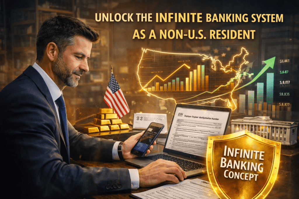 Infinite Banking Concept strategy for non-US residents showing an entrepreneur using a laptop and EIN application to access the U.S. financial system.
