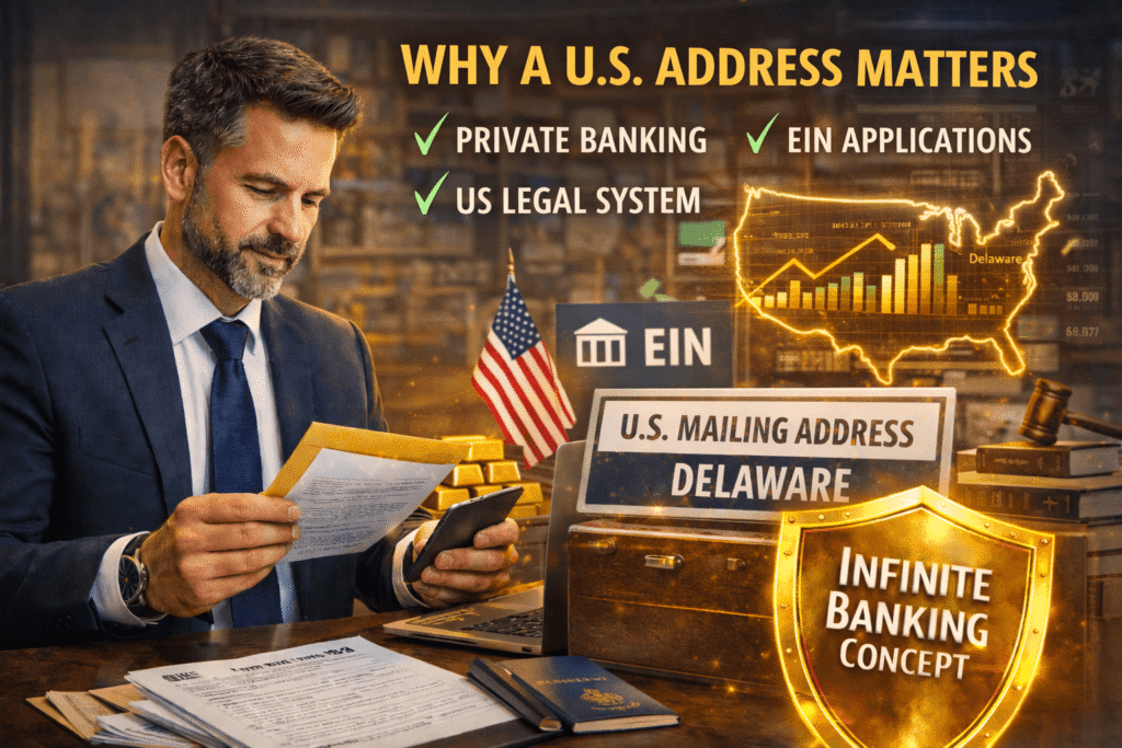 Entrepreneur reviewing documents showing why a U.S. mailing address in Delaware matters for EIN applications and the Infinite Banking Concept for non-US residents.