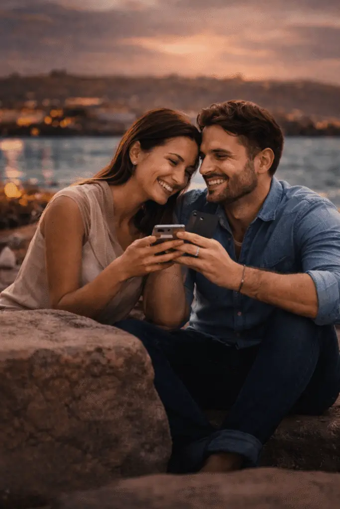 Romantic couple sitting by the water at sunset smiling while looking at a smartphone together