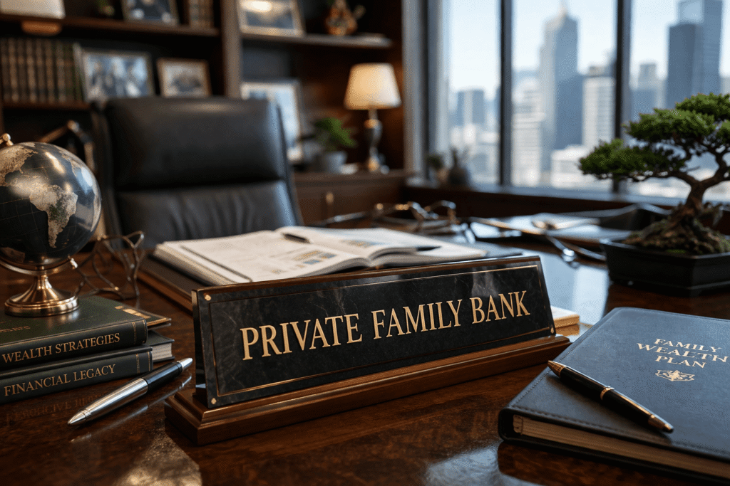 private family bank concept with wealth planning desk, financial strategy books and office setup