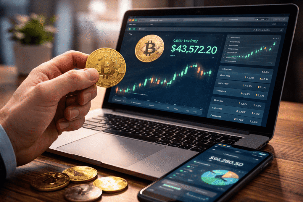 Person holding Bitcoin coin in front of laptop displaying cryptocurrency trading chart and digital asset portfolio on smartphone