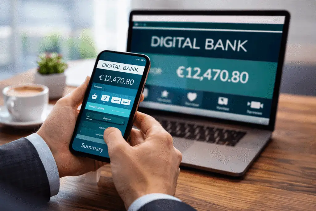 Person using digital banking app on smartphone with laptop showing account balance and financial dashboard