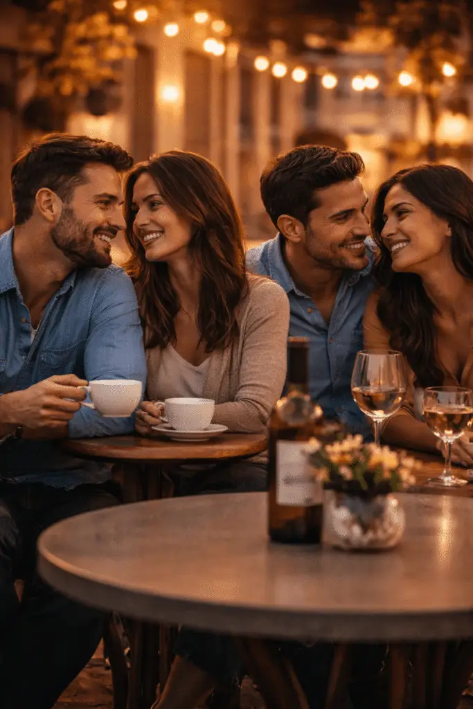 Two happy couples enjoying a romantic evening at an outdoor café with drinks and warm lighting