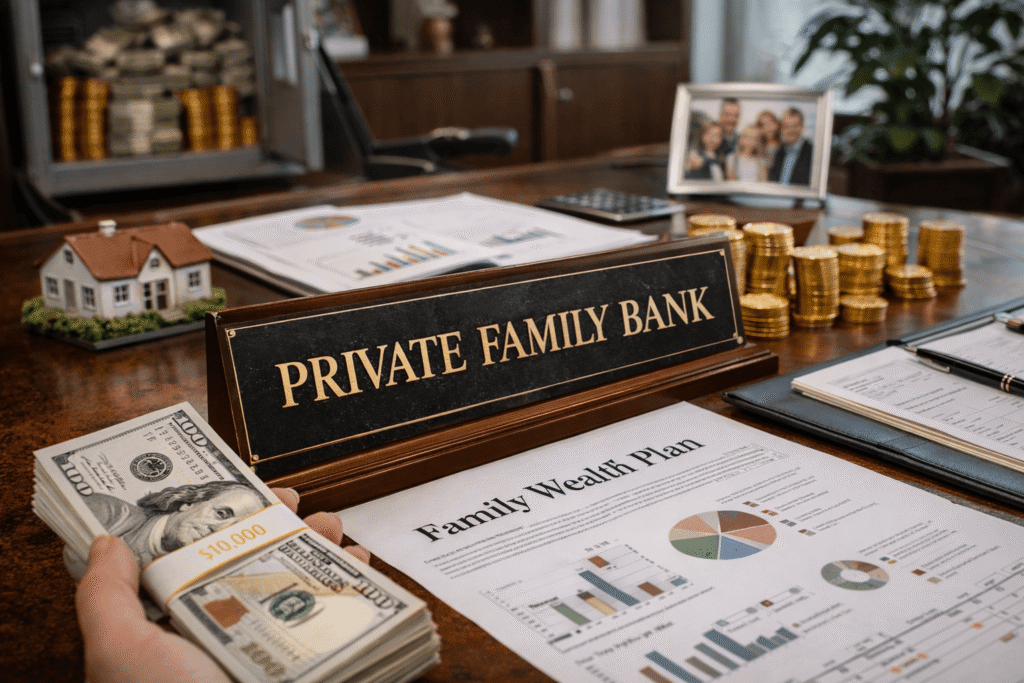 private family bank wealth strategy with cash, financial plan and asset management setup
