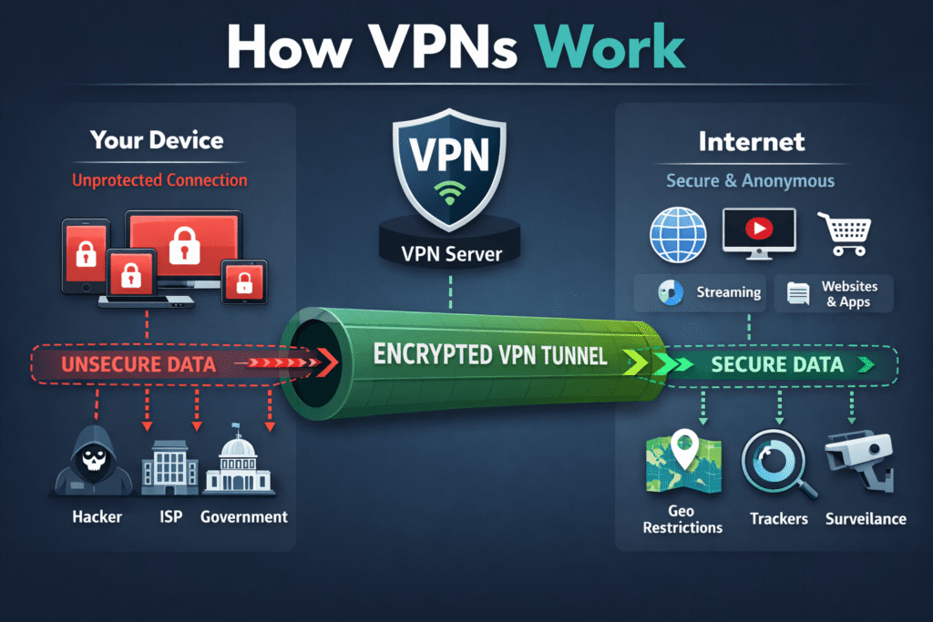 how vpn works diagram explanation showing encrypted vpn tunnel secure connection and ip address protection