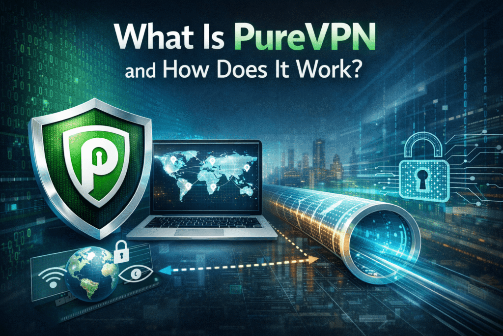 what is purevpn and how does it work diagram showing vpn encryption secure tunnel ip address masking and online privacy protection