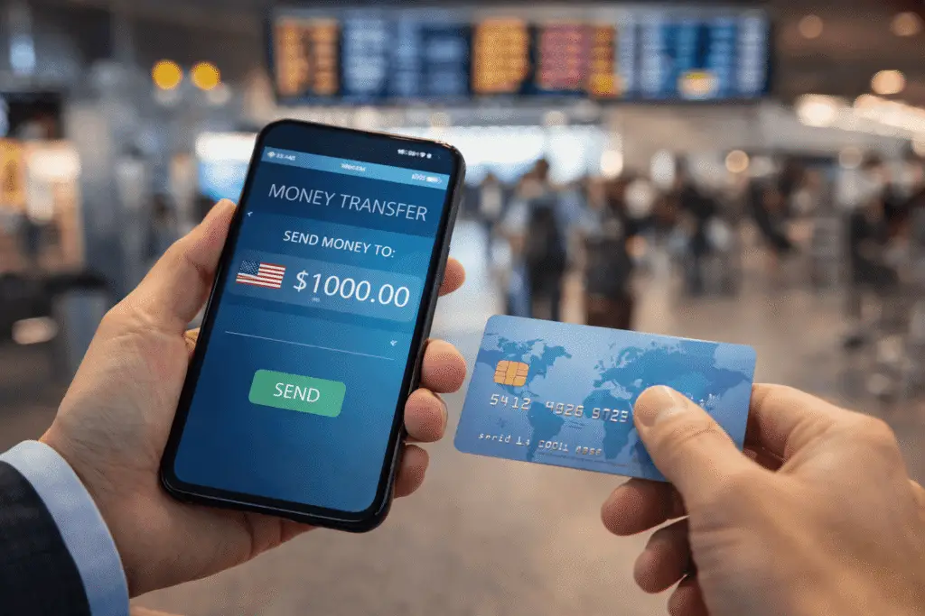 Person sending international money transfer via smartphone app while holding credit card in airport environment
