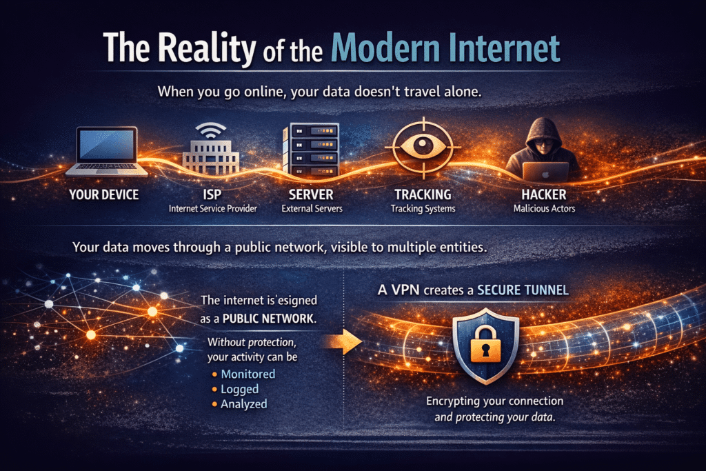 what is a vpn – reality of the modern internet data exposure and vpn protection infographic