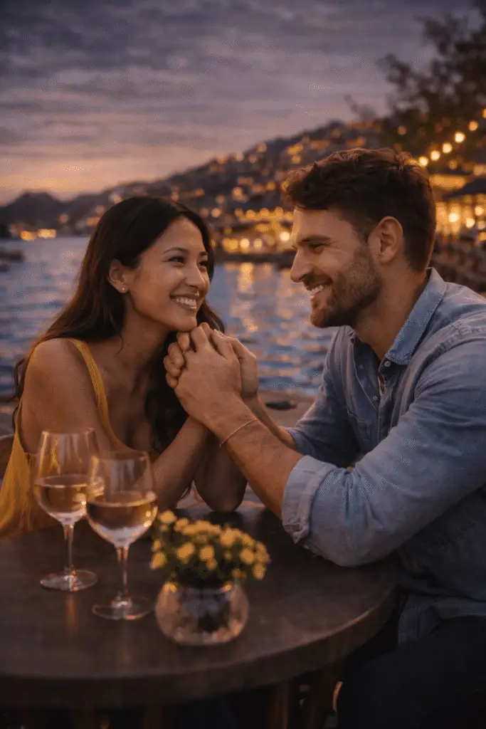 International couple smiling together by the water at sunset representing love abroad and cross-cultural relationships