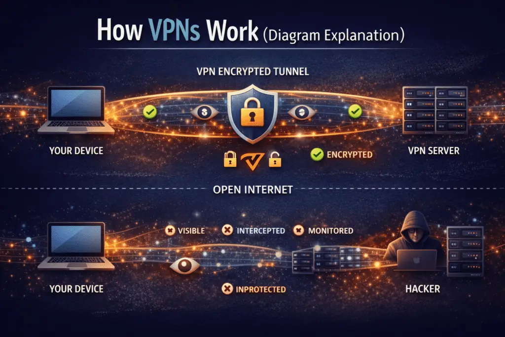 how vpn works diagram explanation showing encrypted tunnel secure connection and data protection