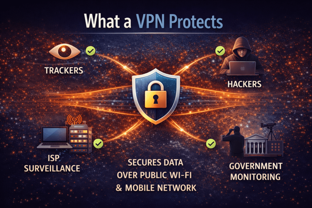 what a vpn protects data encryption privacy security protection against tracking hackers and surveillance