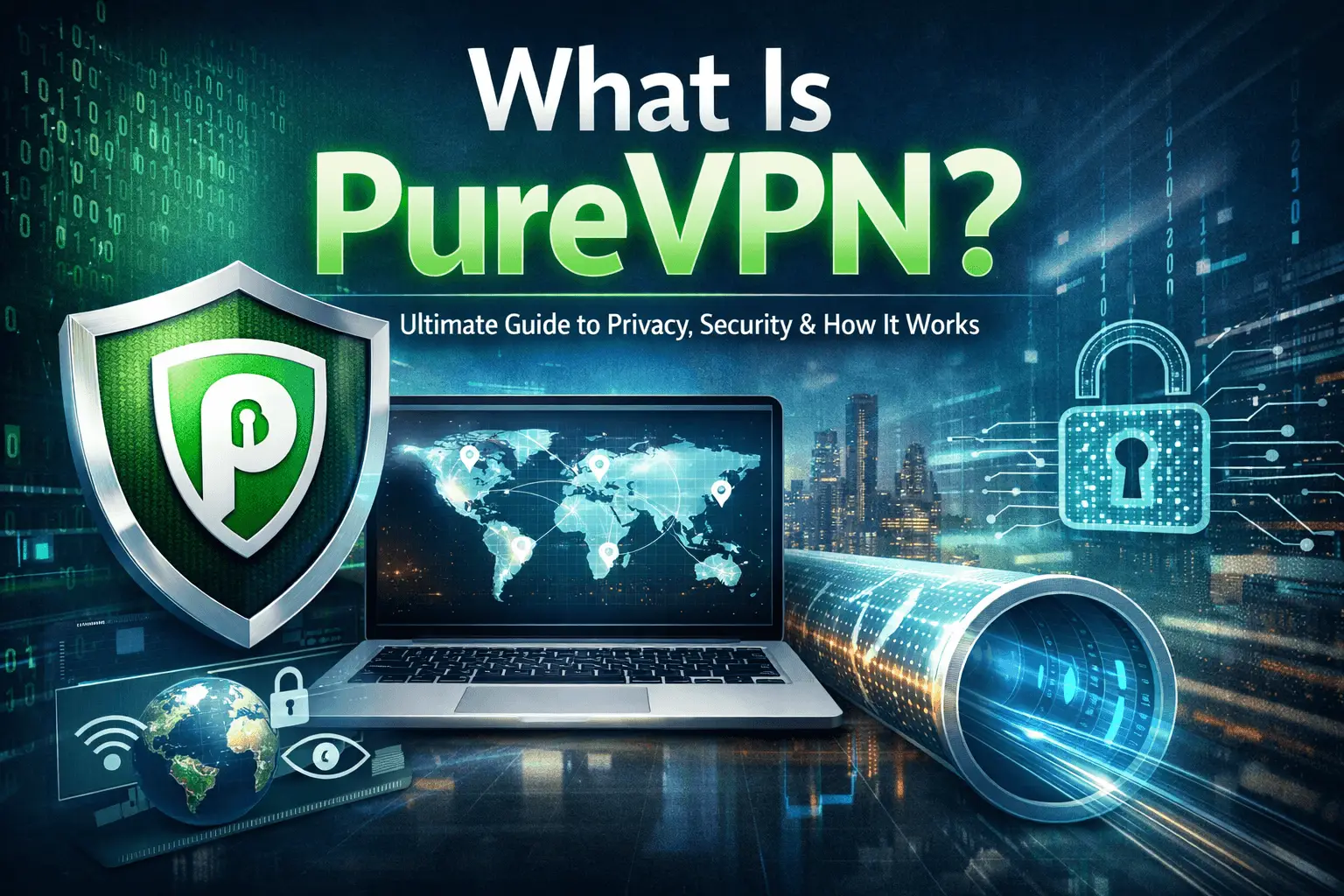 what is purevpn featured image showing secure vpn connection encrypted tunnel privacy protection and ip address masking