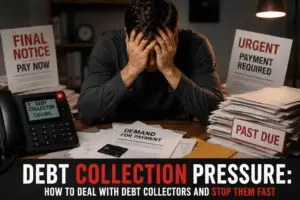 debt collection pressure stressed man dealing with debt collectors letters urgent notices phone calls
